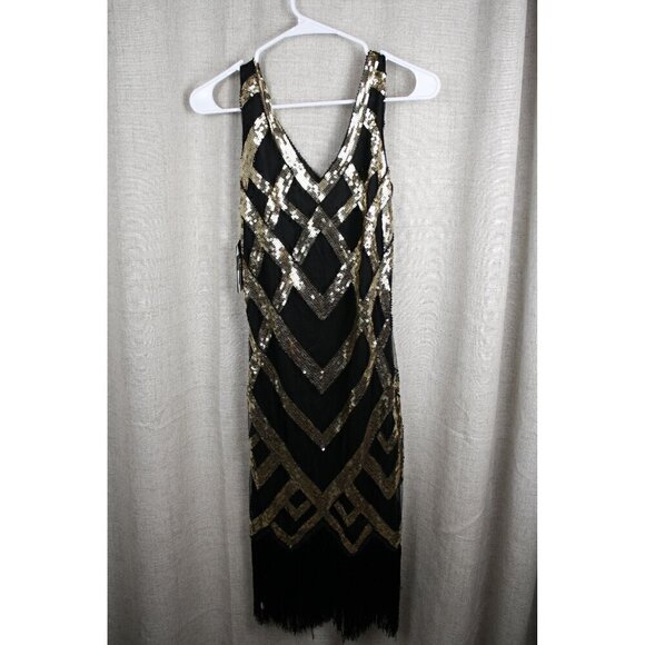 Uniq Dresses & Skirts - Sequin Flapper Dress with Fringe, Black & Gold Size Small NWT